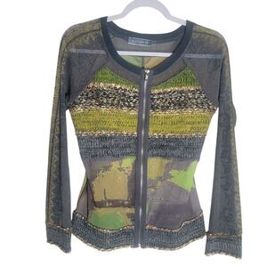 Lulu H Sheer Knit Full Zip Top Women's Size Medium Tattoo Sleeve Stretch Y2K 90s